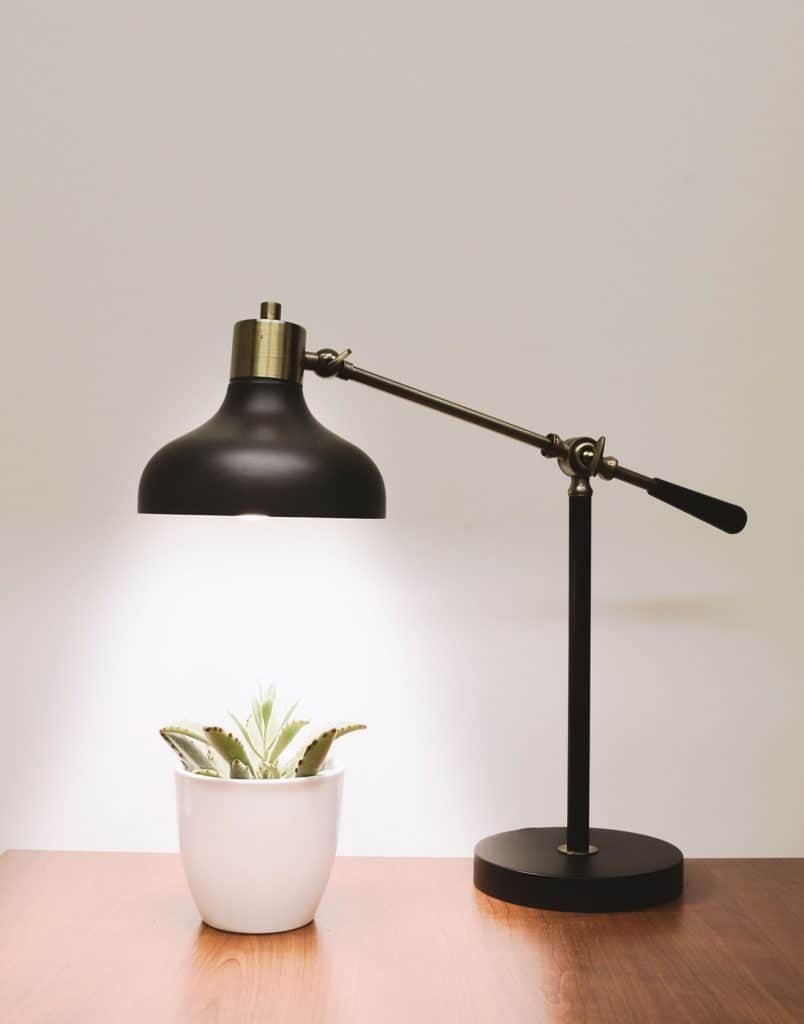 Brass table lamp next to plant