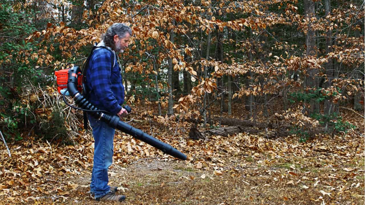 Man uses a backpack leaf blower in his yard