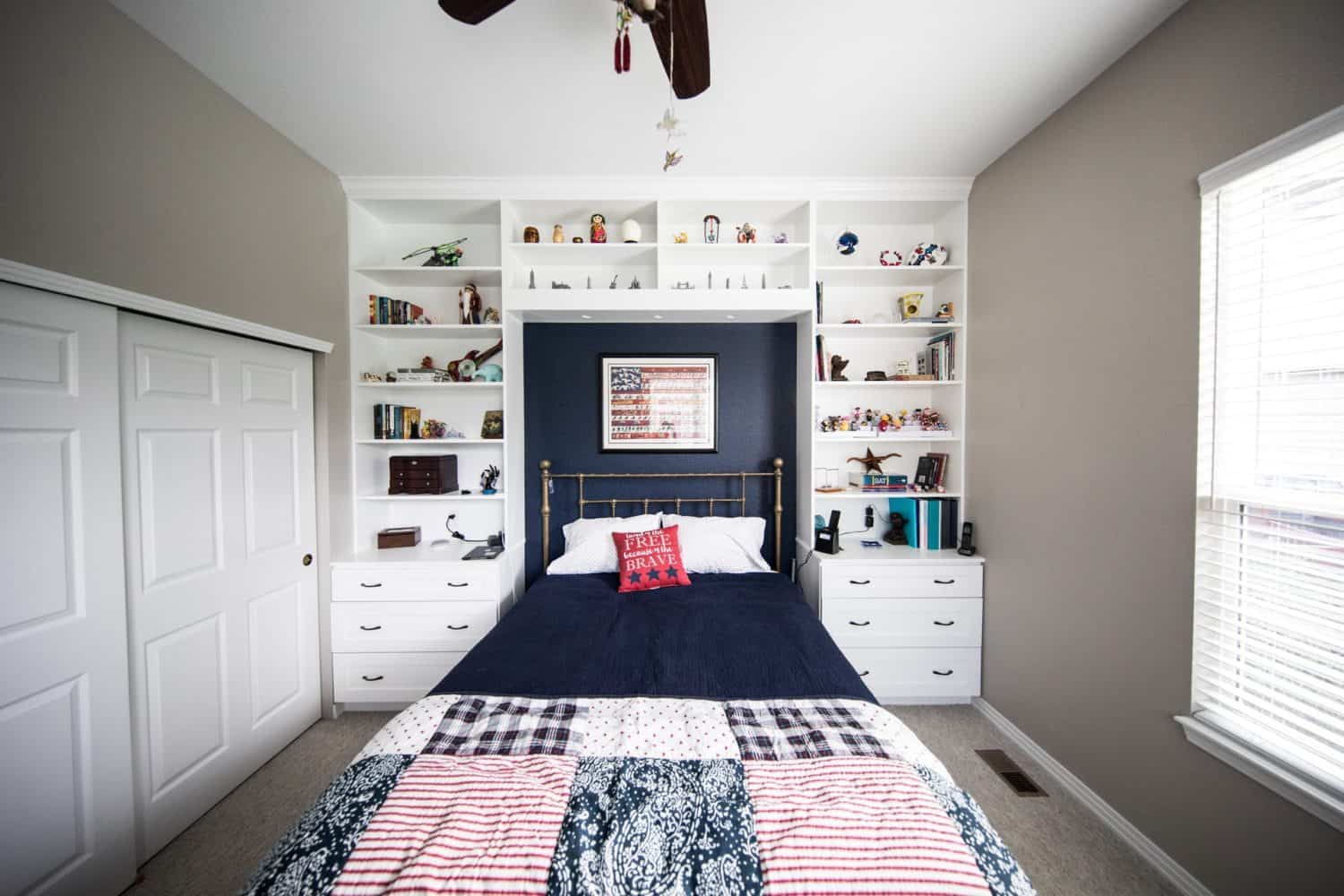 small bedroom with storage