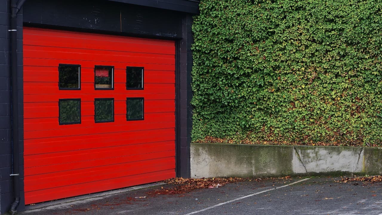 Garage with a red door